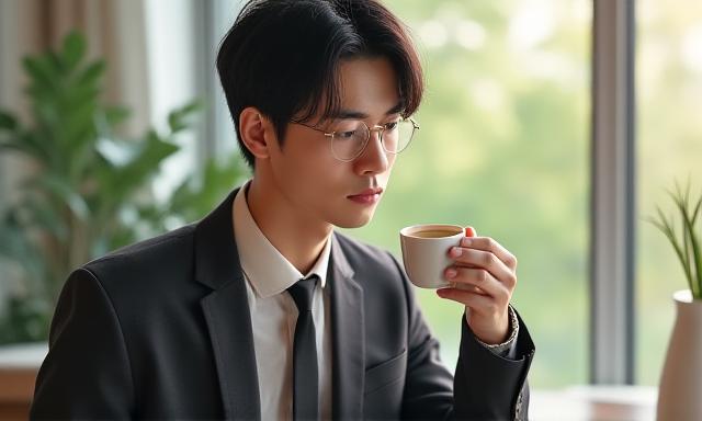 リラックスした表情でコーヒーを飲むビジネスマン