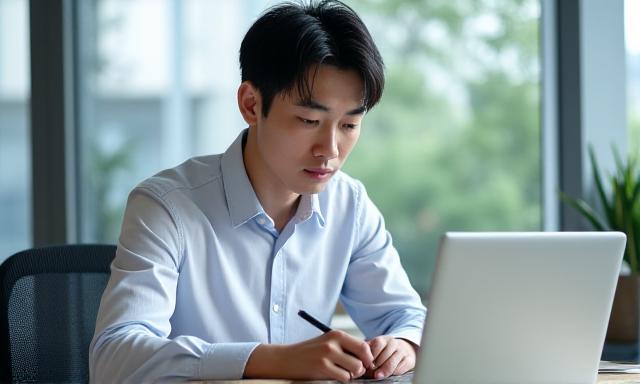 ノートパソコンの前で自分のパーソナルブランディングに取り組む男性